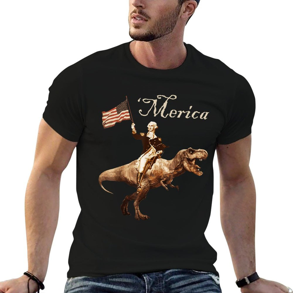 George Washington Riding A Tyrannosaurus Rex Merica  Polyester Blend T-Shirt