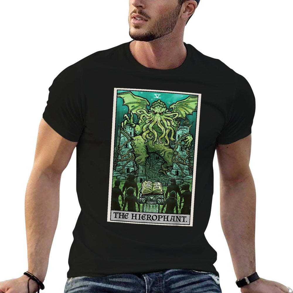 The Hierophant Tarot Card Cthulhu Classic Horror Halloween  Rolled Sleeves T-Shirt