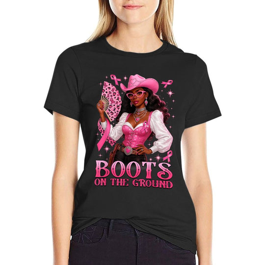 Boots On The Ground Pink Cowgirl Breast Cancer Western  Durable T-Shirt