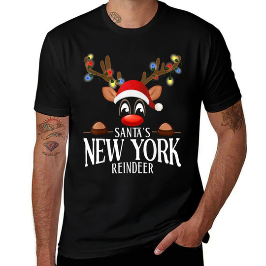 Santas New York Reindeer Funny XMas Matching PJS  Rolled Sleeves T-Shirt