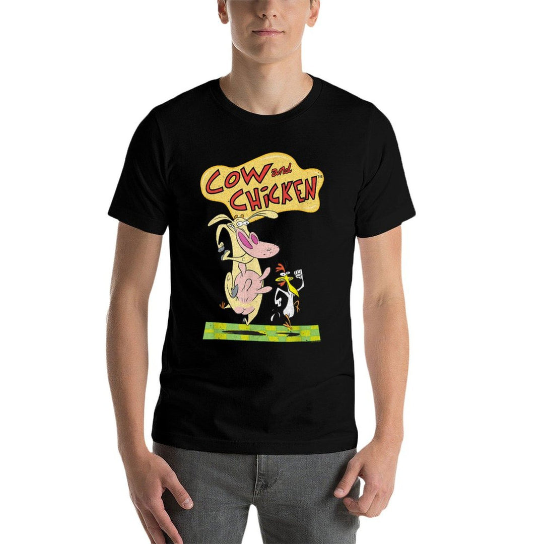 Cow And Chicken Vintage Running Characters Cartoon  Stretchy T-Shirt
