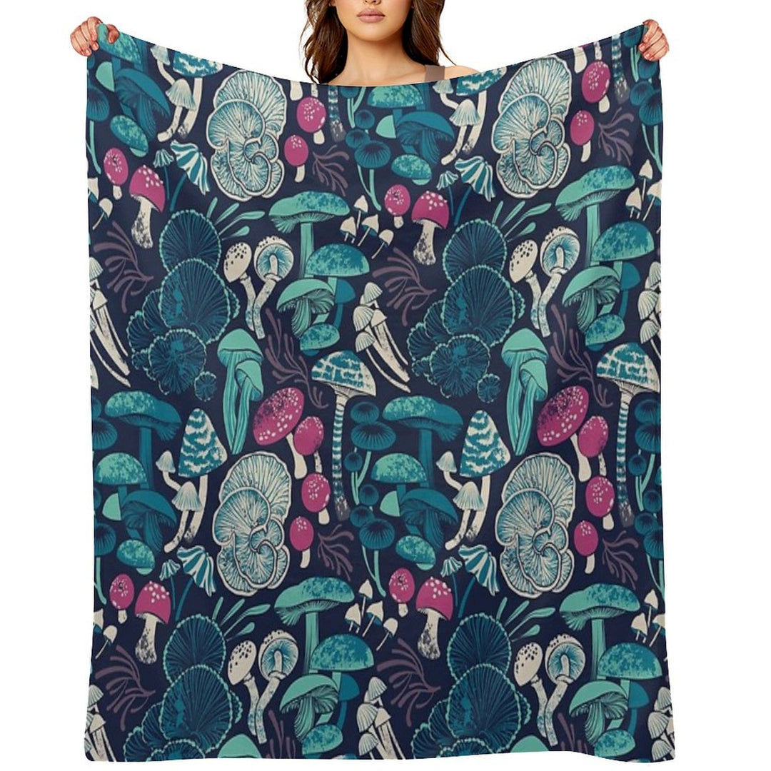 Mystical Fungi  Midnight Blue Background Mint Teal And Dark Pink Wild Mushrooms Easy Care Throw Blanket