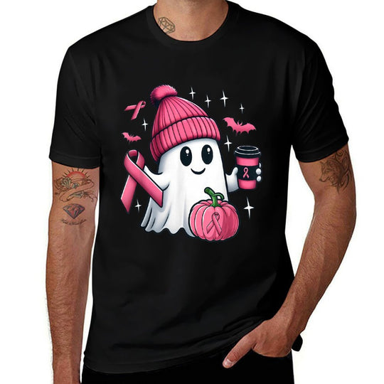 Cute Ghost Drinking Coffee Halloween Breast Cancer Awareness  Lightweight T-Shirt