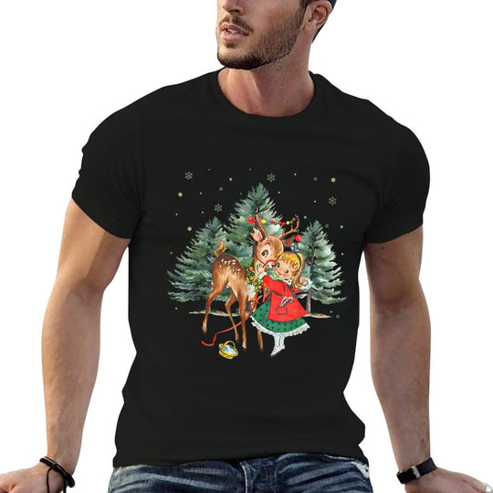 Vintage Girl And Reindeer Retro 1950s Christmas  Soft T-Shirt