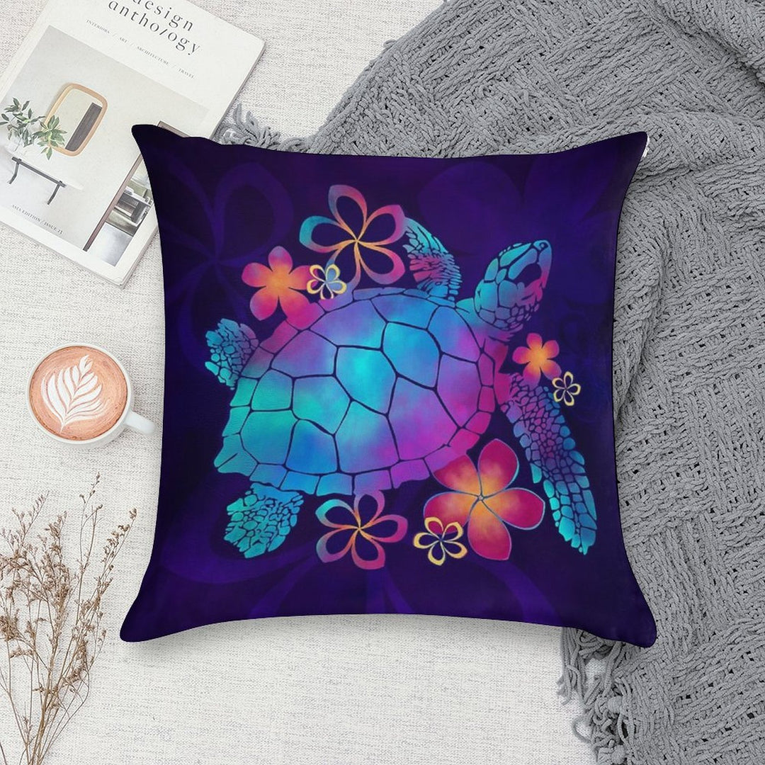 Sea Turtle with Flowers Blue And Purple Soft High-Density Material Throw Pillow