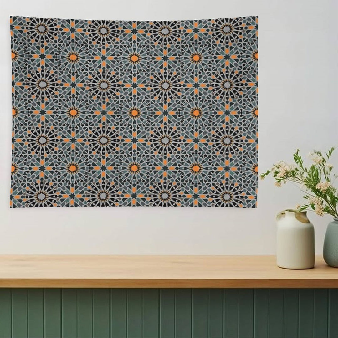 Celestial Illumination Orange Stars in Geometric Night Tapestry