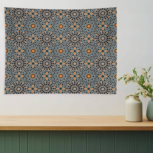 Celestial Illumination Orange Stars in Geometric Night Tapestry