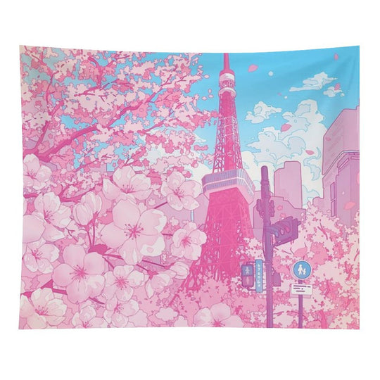 Tokyo Tower & Cherry Blossom (Corrected Colors) Tapestry