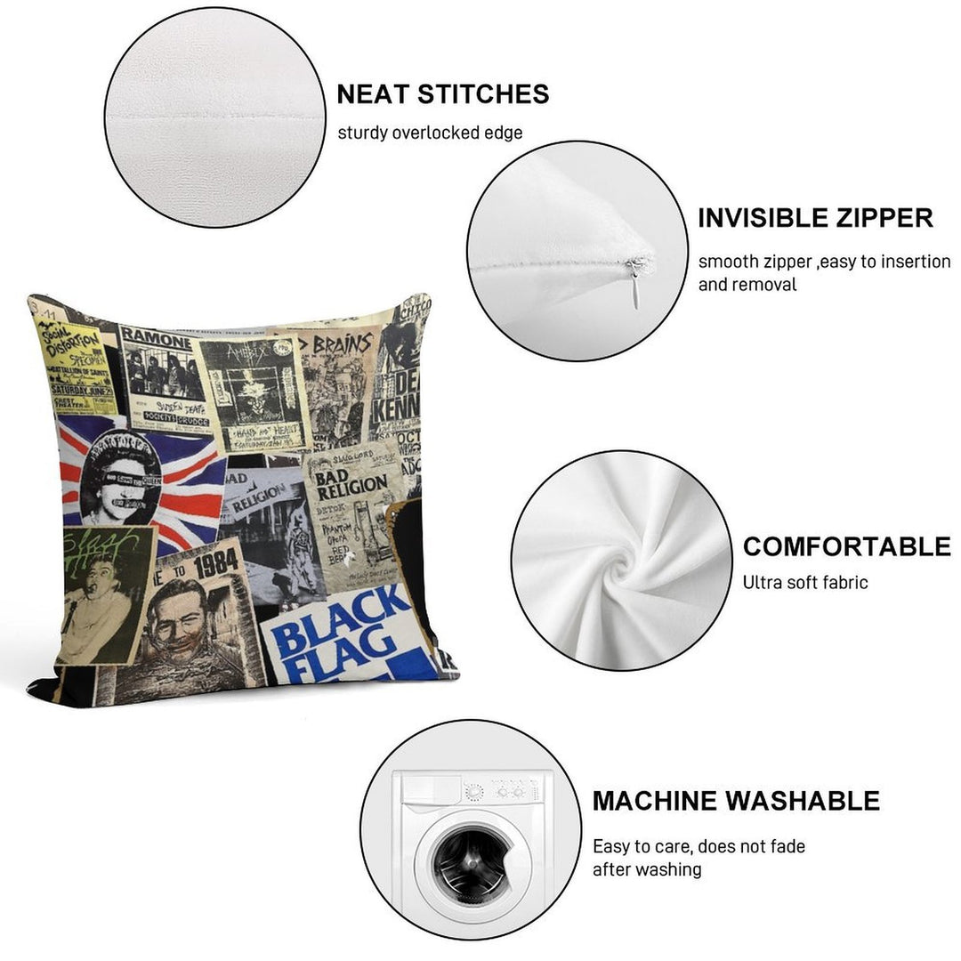 Punk Rock Vintage Poster Collage Collection Soft Reinforced Edging Throw Pillow