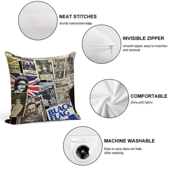 Punk Rock Vintage Poster Collage Collection Soft Reinforced Edging Throw Pillow