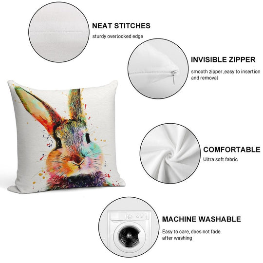 Rabbit Watercolor Art Work Soft Short Plush Fabric Throw Pillow