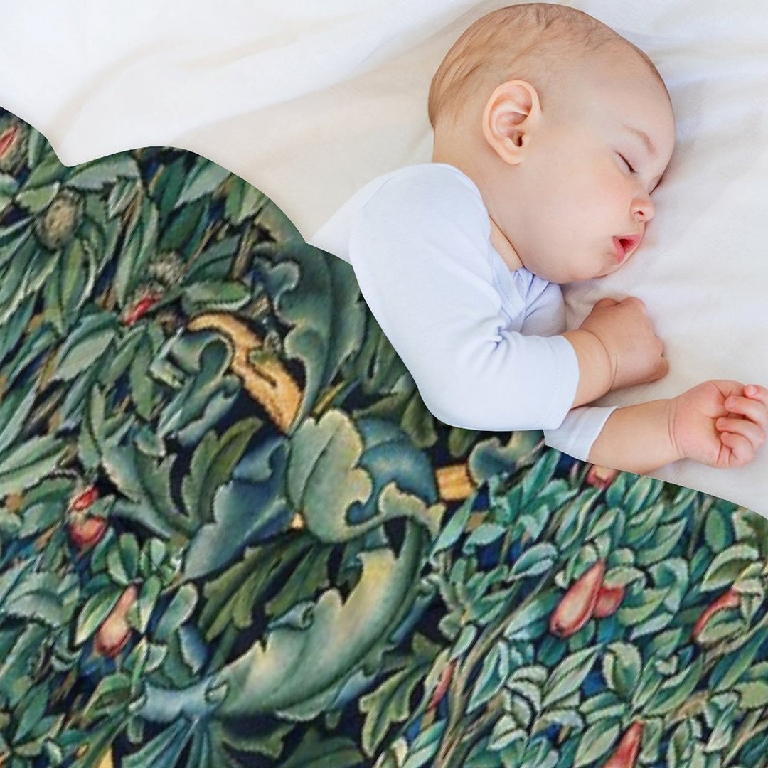 GREENERY, FOREST ANIMALS ,RAVEN ON ACANTHUS LEAVES Blue Green Floral Comfort Throw Blanket