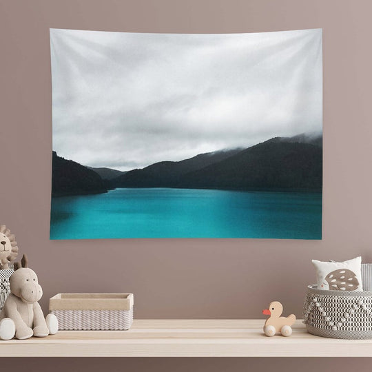 The Waters And The Wild  Vintage Retro Glowing Wilderness Mountain Lake With Cascadia Trees Covered In Fog Tapestry