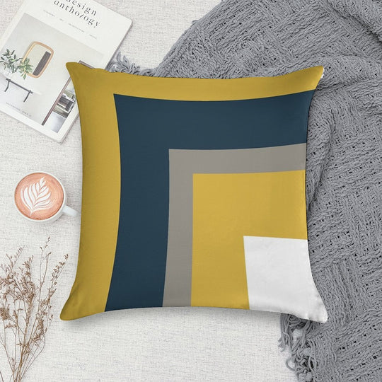 Half Frame Minimalist Geometric Pattern in Mustard Yellow, Navy Blue, Grey, And White Soft Skin-Friendly Throw Pillow