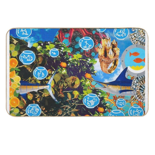 Original Analog Paper Collage Titled Summer Seas  Non-Slip Bath Mat