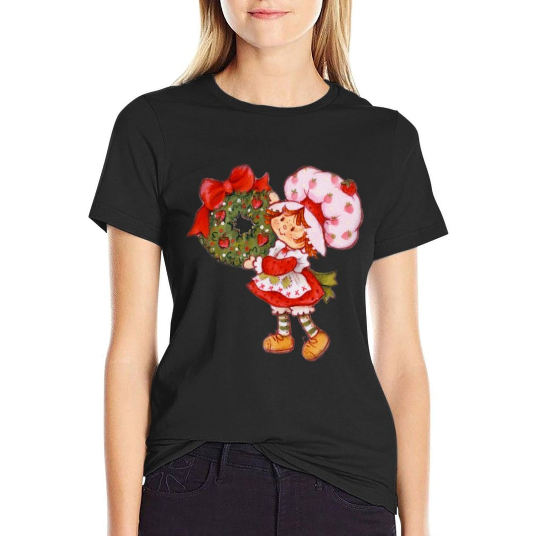 Strawberry Shortcake Holding A Christmas Wreath with Bow  Eco-friendly Material T-Shirt