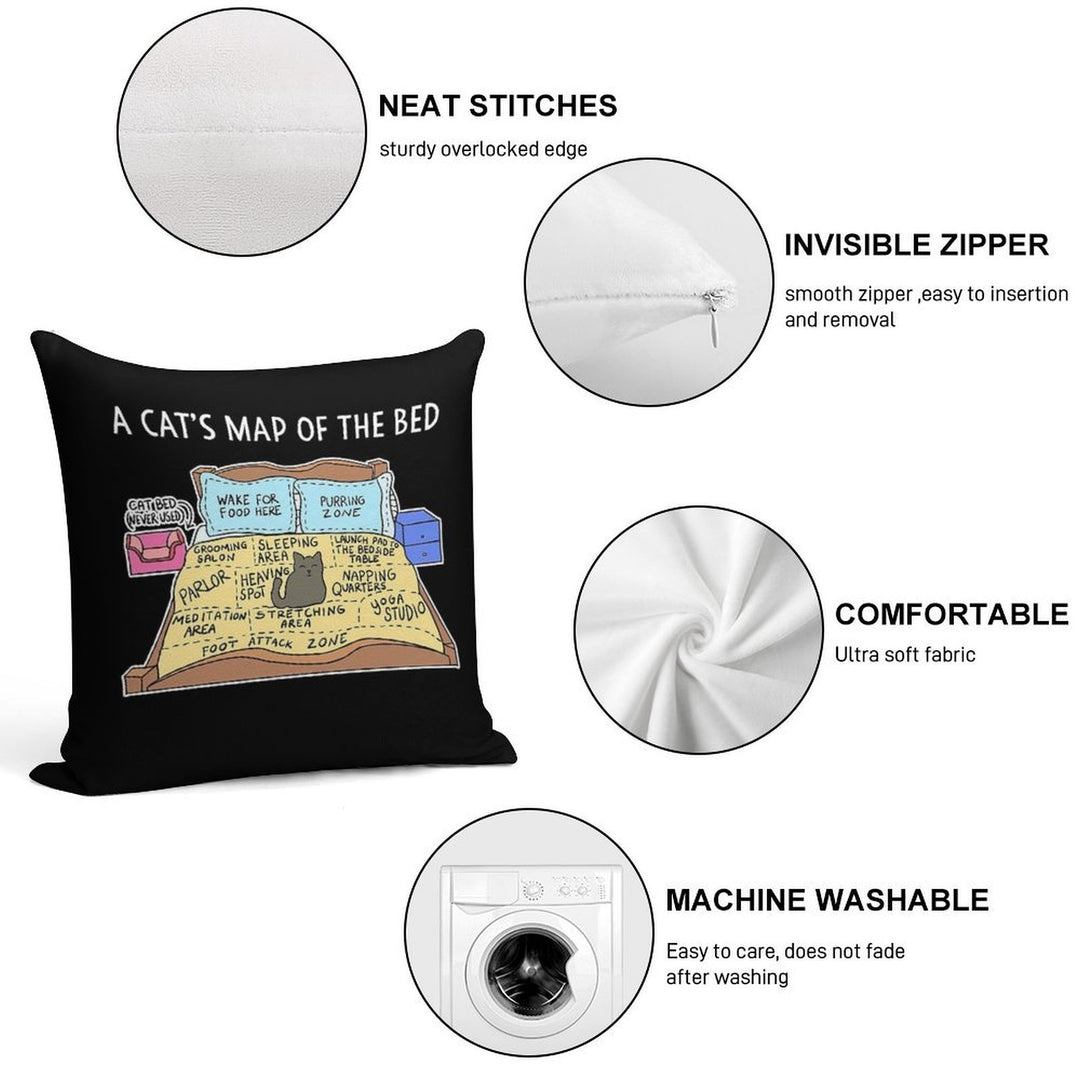 Cats Map of The Bed Funny Cat Gift for Cat Owner Soft Washable Throw Pillow