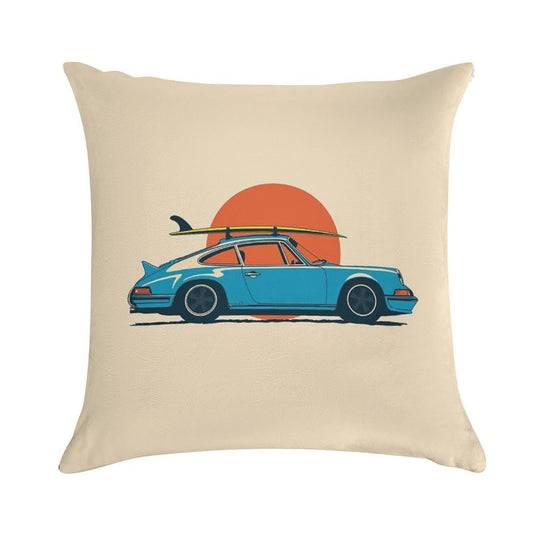 Vintage Blue Porsche 911 964 RS Summer Surfs Up Illustration Soft Durable Construction Throw Pillow