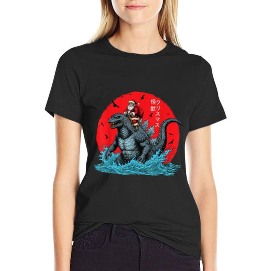 Christmas Santa Riding Japanese Monster Kaiju Santazilla  Summer-ready Fabric T-Shirt