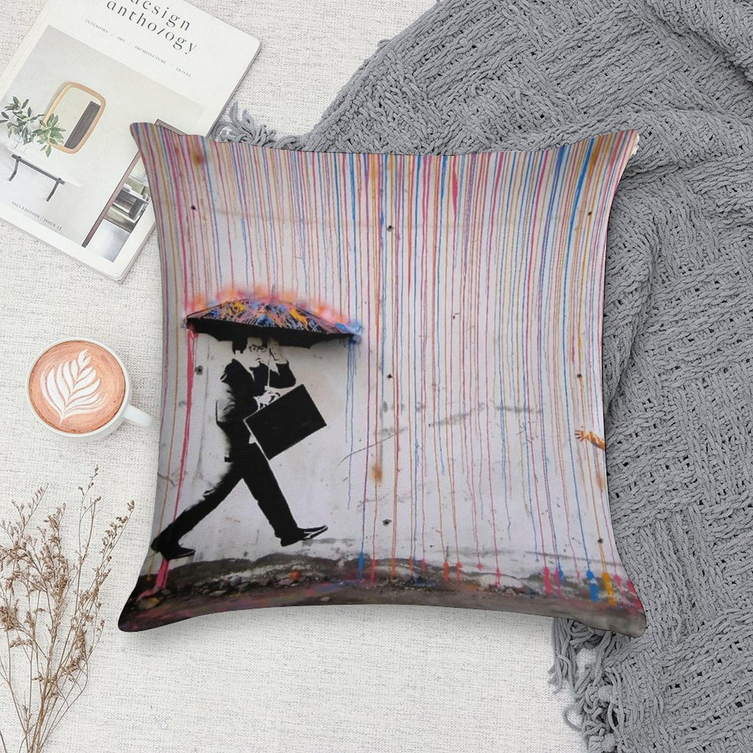 Banksy Umbrella Rainbow Happy Girl Soft Reinforced Edging Throw Pillow