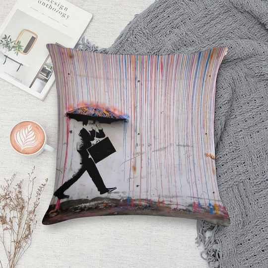 Banksy Umbrella Rainbow Happy Girl Soft Reinforced Edging Throw Pillow