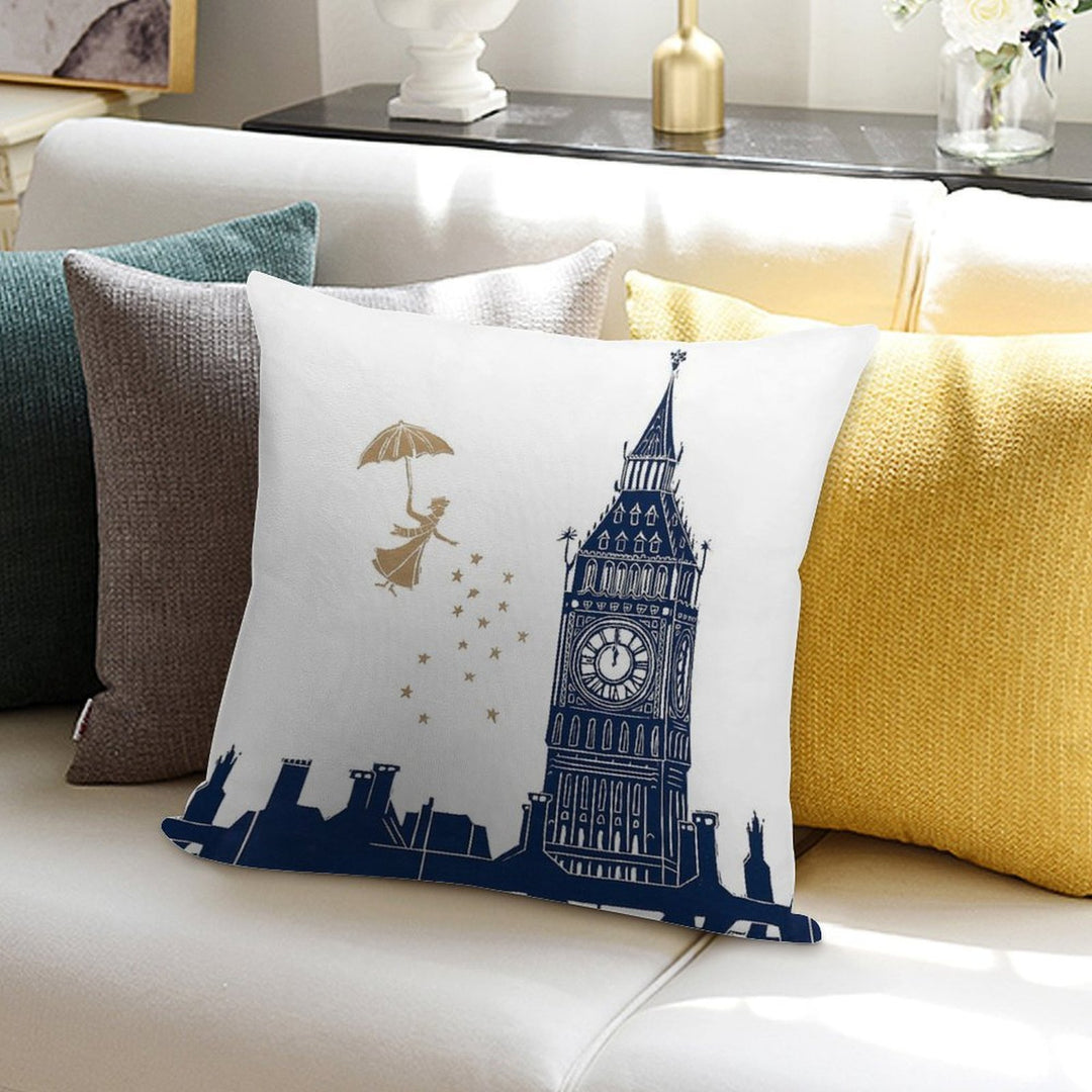 Mary Poppins And Big Ben Linocut Soft Hidden Zipper Throw Pillow