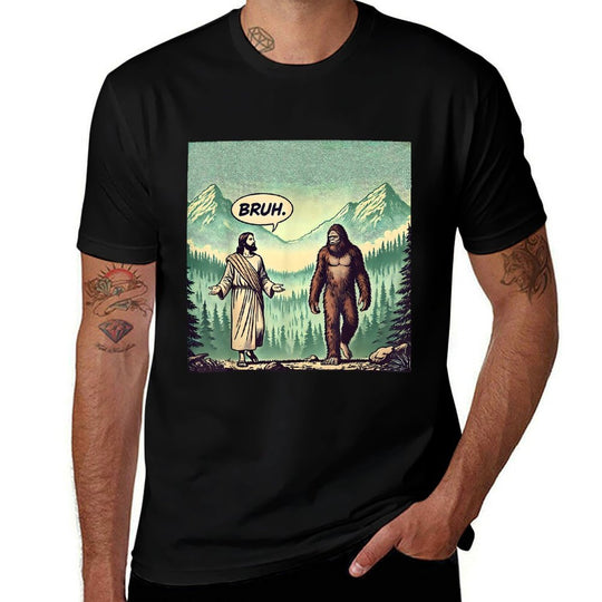 Bruh Meme Funny Jesus Bigfoot Vintage Comic Book Catholic  Easy-care T-Shirt