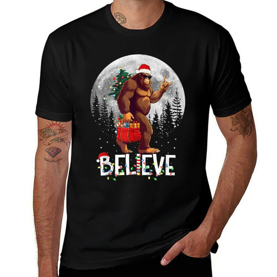 Santa Bigfoot Christmas Lights Funny Sasquatch Believe Xmas  Eco-friendly Material T-Shirt
