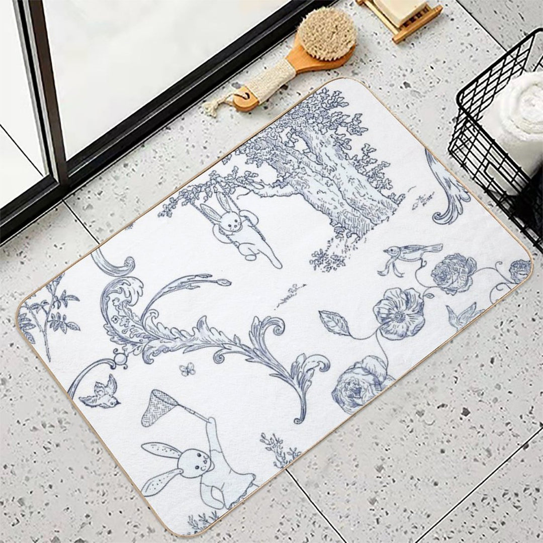 Blue Bunny Toile   Blue Toile   Blue Bunny Toile  Blue Toile Print  Easy Maintenance Bath Mat