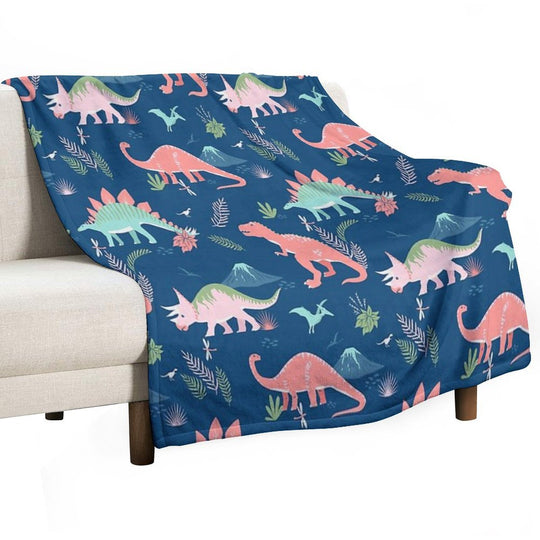 Jurassic Dinosaur in Blue + Coral Wrinkle-free Throw Blanket
