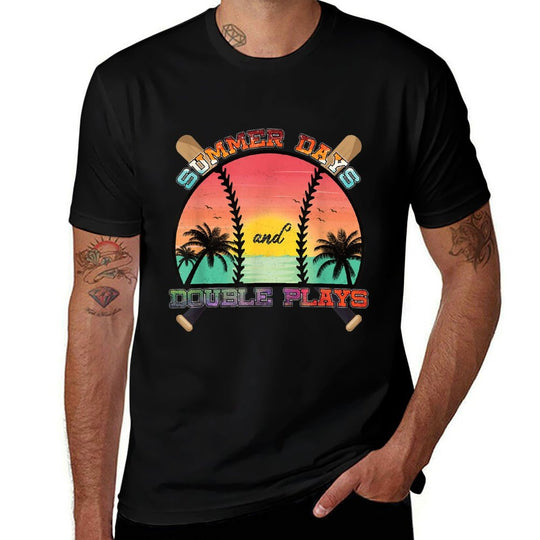 Summer Days And Double Plays Baseball Softball Beach Sunset  Eco-friendly Material T-Shirt