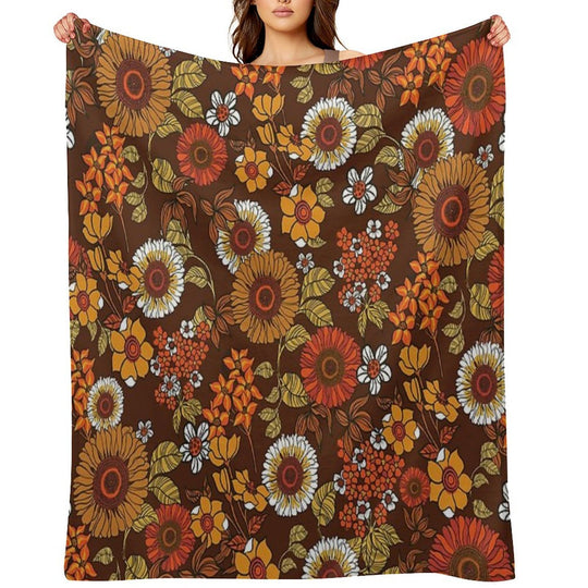 70s Vintage Boho Flowers, Orange, Browns, Hippie, Flower Power Velvety-soft Throw Blanket