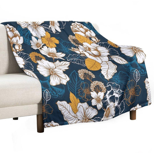 Navy And Gold Peony And Blossom Seamless Pattern Sustainable Throw Blanket