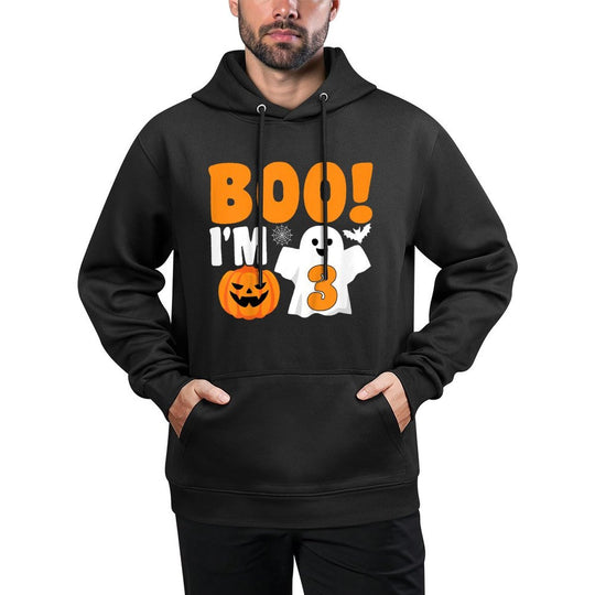 Kids Boo Im 3 Halloween Spooky Pumpkin Kids 3rd Birthday Adjustable Hood Hoodie