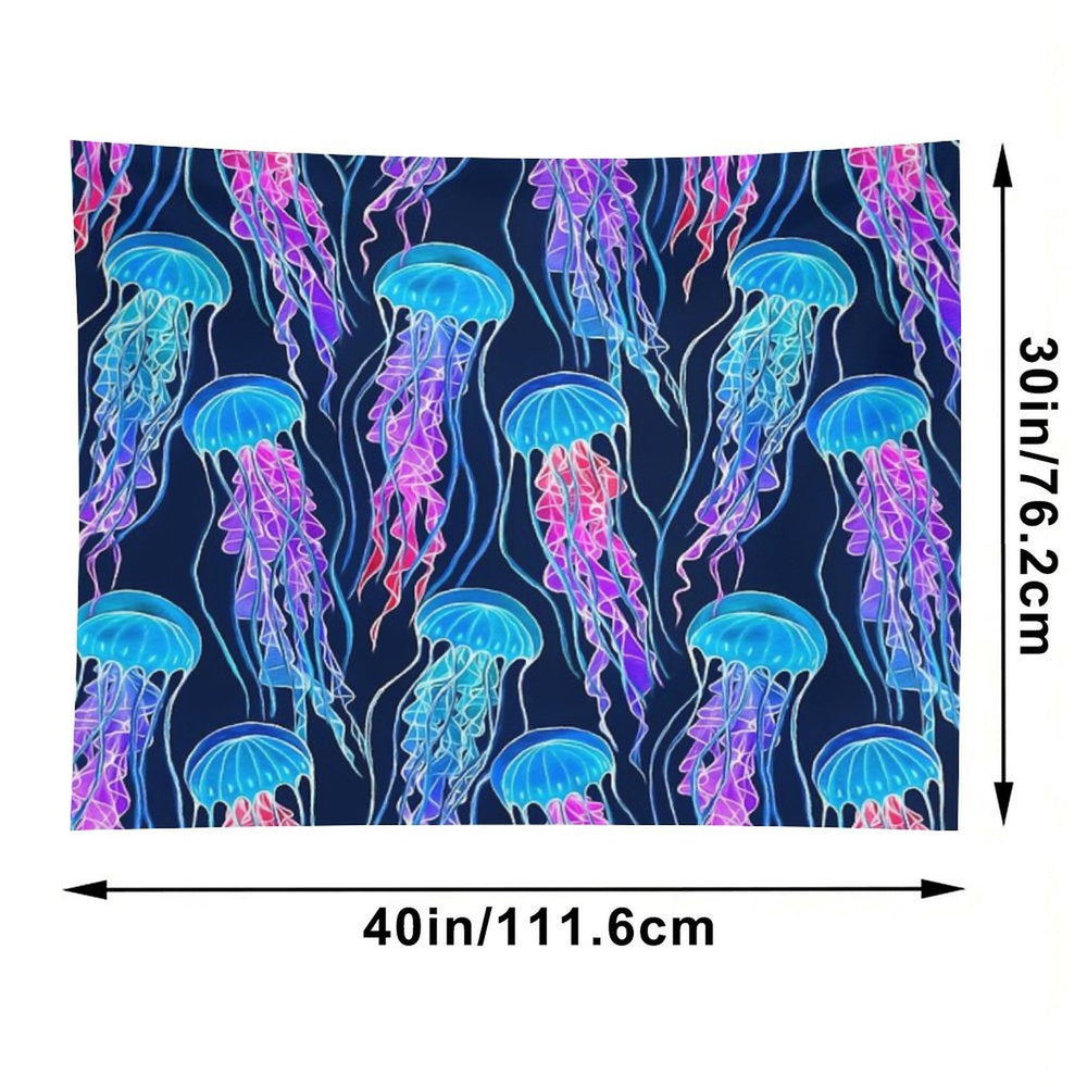 Luminescent Rainbow Jellyfish on Navy Blue Tapestry