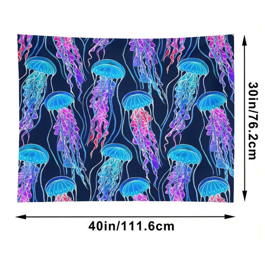Luminescent Rainbow Jellyfish on Navy Blue Tapestry