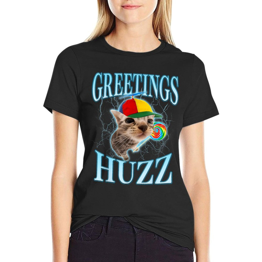 Greetings Huzz Funny Cat Meme Lovers Silly Cats Brainrot  Summer-ready Fabric T-Shirt