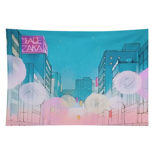 Vintage Anime City Background Tapestry