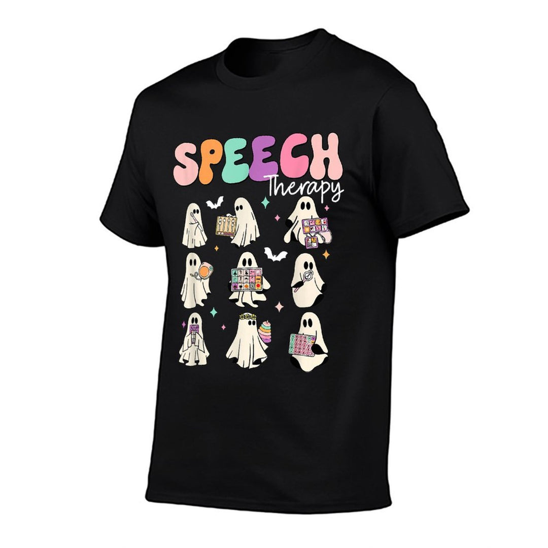 Retro SLP Ghost Halloween Speech Therapy Autumn Fall  Rolled Sleeves T-Shirt