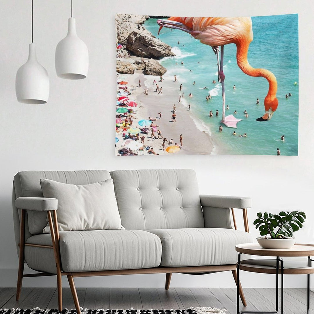 Flamingos on The Beach, Wildlife Surrealism Birds, Nature Flamingo Fantasy Beach Summer Photography Tapestry