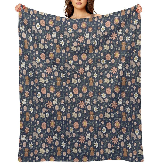 Flower Meower (Navy) Comfort Throw Blanket