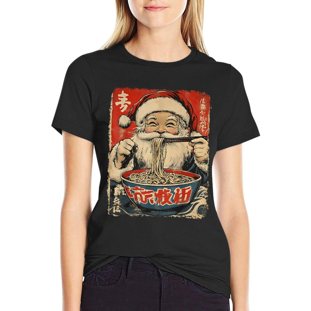 Santa Eating Ramen Noodles Ukiyo-e Inspired Christmas Pajama  Easy-care T-Shirt