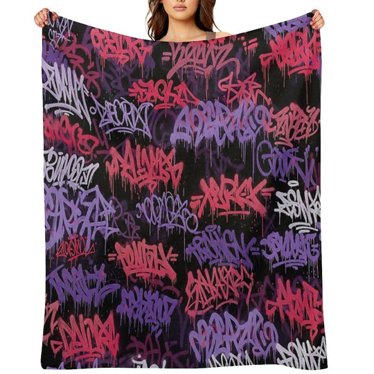 Cyberpunk Graffiti Mural Purple Pinkish Red & White Tags on Black Plush Throw Blanket