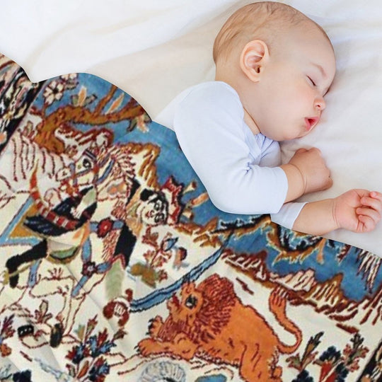 Blue Antique Persian Isfahan Silk Rug with Flowers Animals Print Anti-pilling Throw Blanket