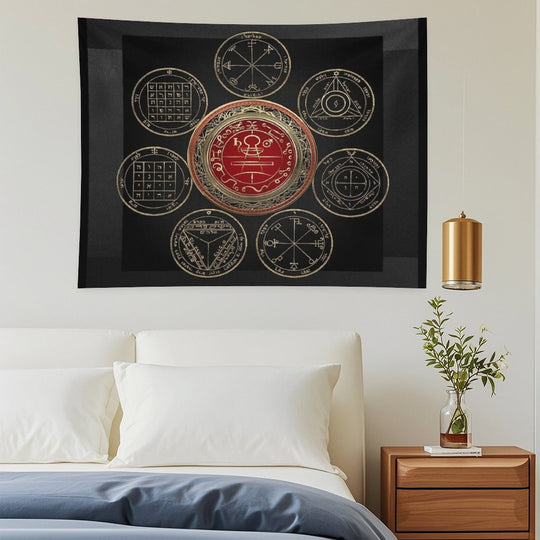 Gold Seal of Solomon over Seven Pentacles of Saturn on Black Canvas Tapestry