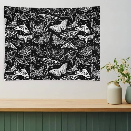 Moth Magic on Black Tapestry
