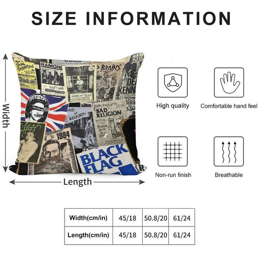 Punk Rock Vintage Poster Collage Collection Soft Reinforced Edging Throw Pillow