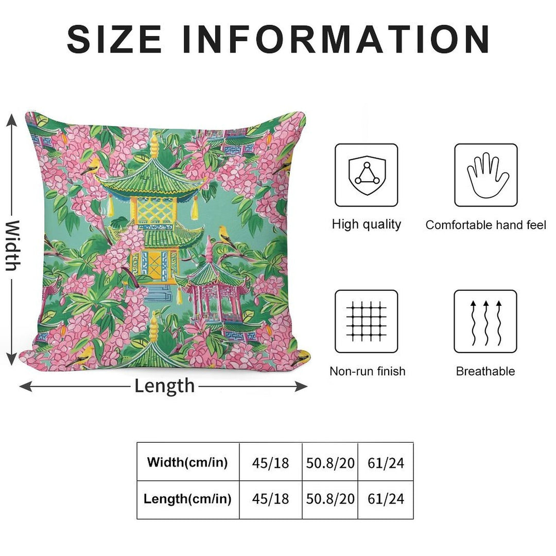 Preppy Pink Chinoiserie Pagodas And Cherry Blossom on Green Soft Easy Maintenance Throw Pillow