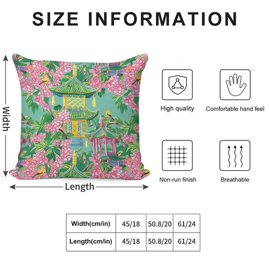 Preppy Pink Chinoiserie Pagodas And Cherry Blossom on Green Soft Easy Maintenance Throw Pillow
