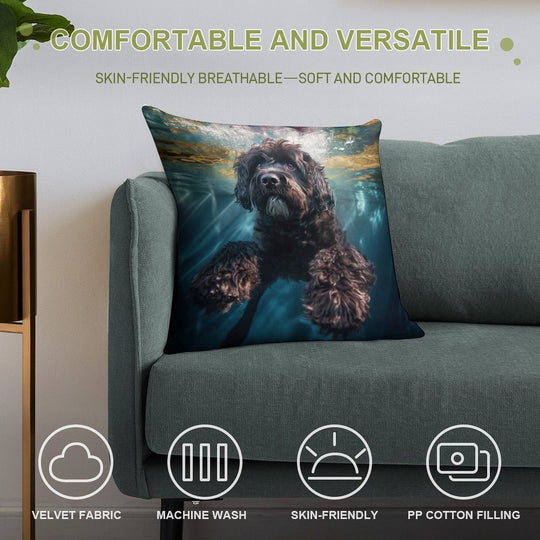Portuguese Water Dog Swimming Under Water Soft High-Density Material Throw Pillow